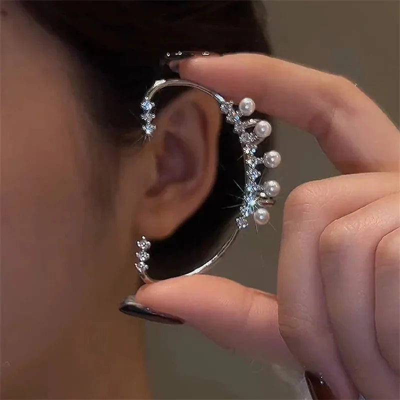 Silver Color Pearl Ear Cuff โ Vintage Crystal Zircon Ear Clip, No Piercing Required, Fashion Jewelry for Women