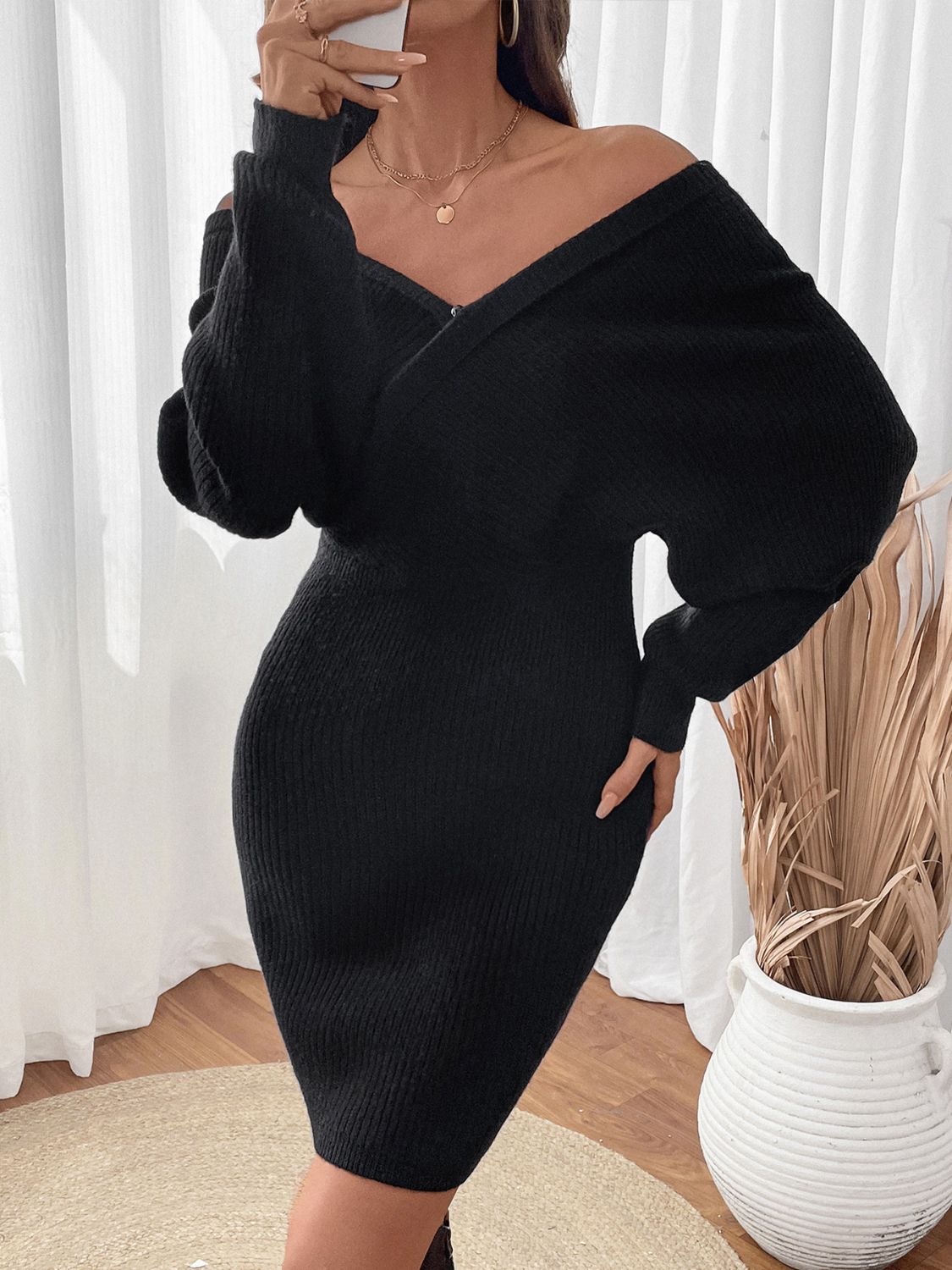 Perfee Surplice Long Sleeve Sweater Dress