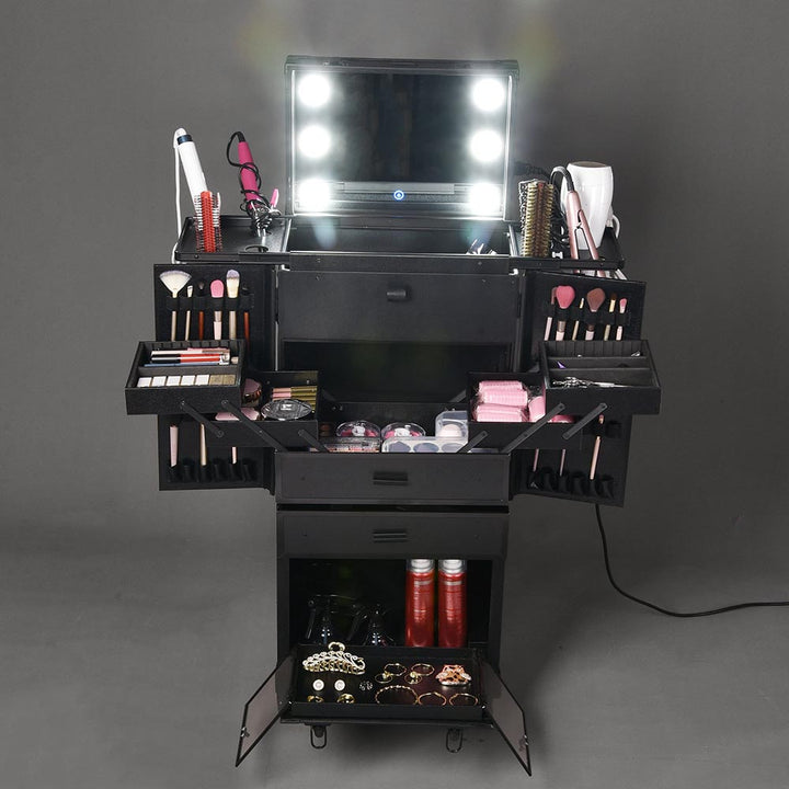 Professional Makeup Artist Rolling Makeup Case w/ LED Lights & Mirror