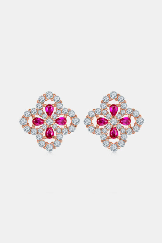 925 Sterling Silver Lab-Grown Ruby Flower Shape Stud Earrings