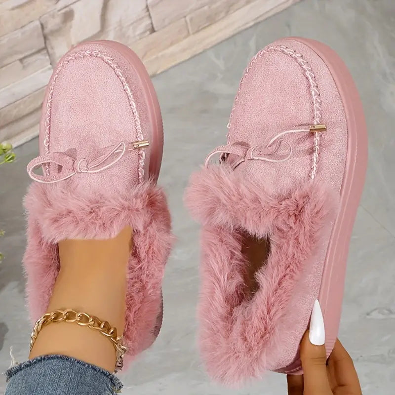 Bow Furry Round Toe Flat Slip-Ons