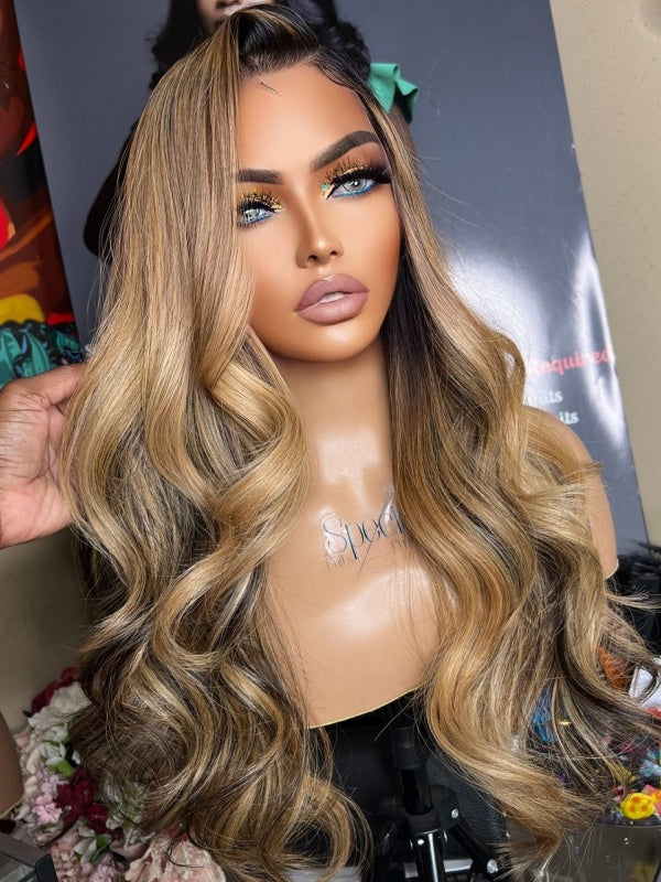 Ombre light Brown Body Wave 360 HD Lace Frontal Wig Bleached Knots