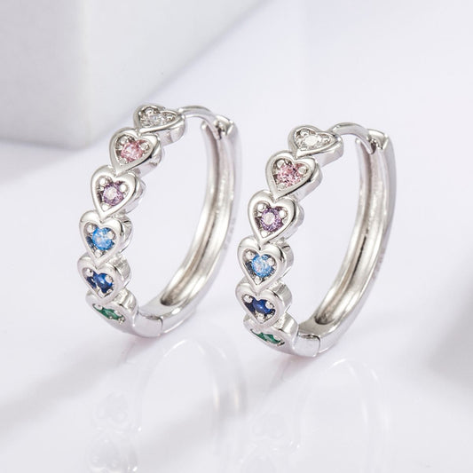 925 Sterling Silver Inlaid Zircon Heart Huggie Earrings